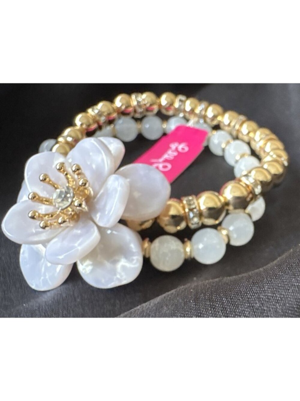 Lilly Pulitzer CZ Cuff Bracelet Gold-tone Rhinestone Beaded Flower Bracelet NWT